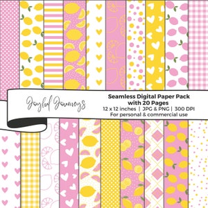 Papier numérique limonade rose, papier numérique citron sans couture, scrapbooking rose et jaune, imprimable, téléchargement immédiat, usage commercial
