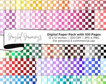 Op de afbeelding: Een digitaal papierpakket met 100 pagina's met geruite patronen in verschillende kleuren. Elke pagina is 30,48 cm bij 30,48 cm en 300 DPI. Het pakket bevat JPG- en PNG-bestanden. De tekst "Joyful Journeys" staat op de afbeelding.