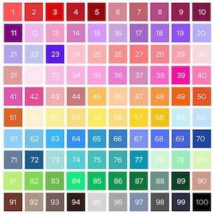 Op de afbeelding: Een raster van 100 gekleurde vierkanten, elk met een uniek nummer van 1 tot 100. De vierkanten tonen een breed scala aan kleuren, waaronder rood, roze, blauw, groen, geel en paars. De afbeelding is een kleurenkaart.