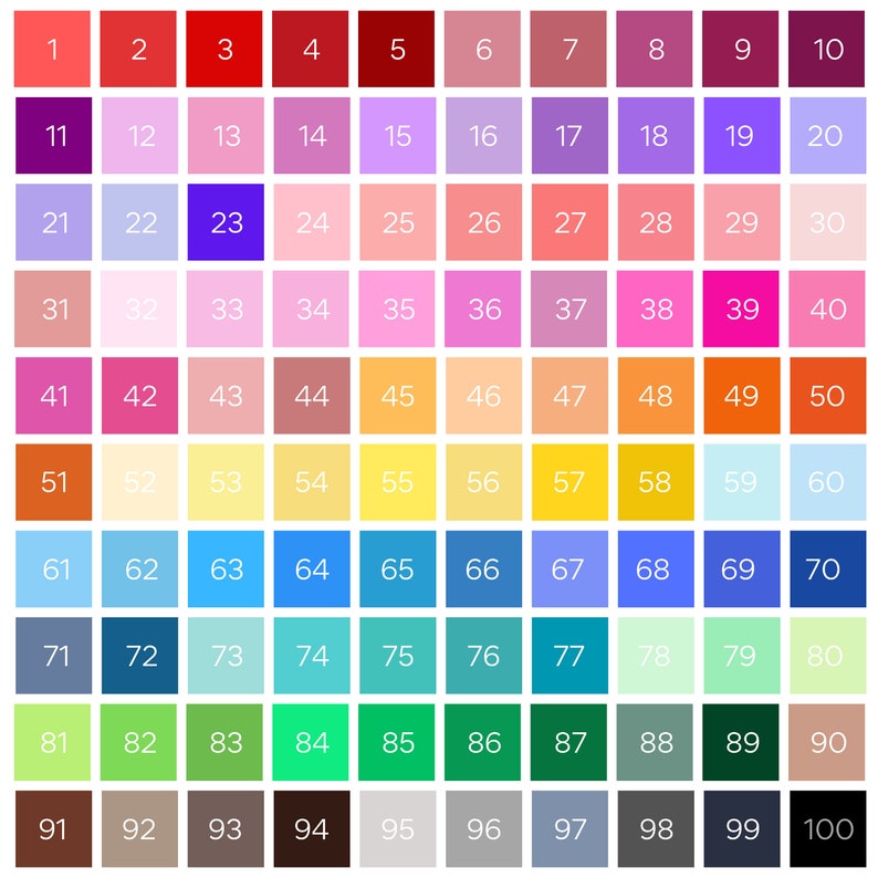 Op de afbeelding: Een raster van 100 gekleurde vierkanten, elk met een uniek nummer van 1 tot 100. De vierkanten tonen een breed scala aan kleuren, waaronder rood, roze, blauw, groen, geel en paars. De afbeelding is een kleurenkaart.