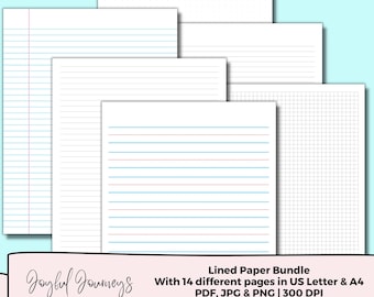 May include: A bundle of printable lined paper templates in US Letter and A4 sizes. The bundle includes various styles of lined paper, including wide-ruled, college-ruled, and graph paper. The text on the image reads "Lined Paper Bundle with 14 different pages in US Letter & A4 PDF, JPG & PNG | 300 DPI".