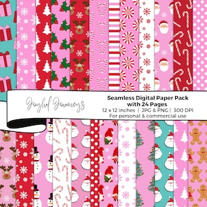 Pink & Red Christmas Digital Paper, Pink Christmas Seamless Patterns, Scrapbook Paper, Christmas Tree, Santa, Commercial Use