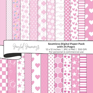 Papier numérique rose, papier de scrapbooking sans couture, pois, paillettes, coeurs, fond d'étoiles, rayures, téléchargement immédiat, usage commercial