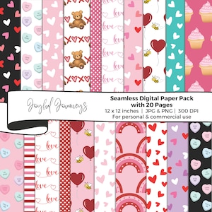 Papel digital para o Dia dos Namorados, padrão de repetição contínua, fundo de amor, para impressão, padrão de coração, papel para scrapbook digital, DOWNLOAD INSTANTÂNEO