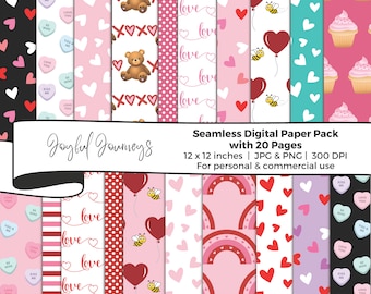 Valentine's Day Digital Paper: Heart & Love Patterns, Seamless Pattern, Scrapbook, (Instant Download, Commercial Use)