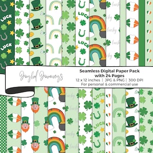 Papier numérique pour la Saint-Patrick, arrière-plans porte-bonheur trèfle à quatre feuilles trèfle irlandais, motif transparent, papier de scrapbooking imprimable arc-en-ciel
