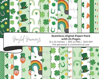 St Patrick's Day Digital Paper, Irish Shamrock Four Leaf Clover Luck Backgrounds, Seamless Pattern, Printable Rainbow Scrapbook Paper