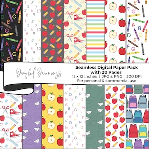 20 pages of seamless digital paper with cute designs for back to school, such as  apples, pencils, crayons, letters, numbers, backpacks and paper airplanes.