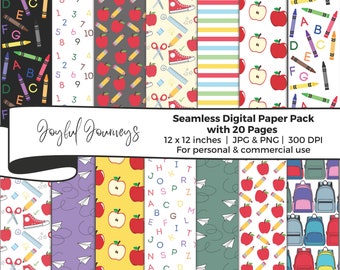 May include: A digital paper pack with 20 seamless patterns featuring school-themed designs. The patterns include red apples, crayons, pencils, backpacks, sneakers, and alphabet letters. The paper pack is 12 inches by 12 inches and 300 DPI.