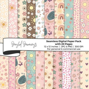 Puede incluir: Un paquete de papel digital sin costuras con 20 páginas, con varios patrones de flores, soles, arcoíris y corazones en colores pastel. El paquete incluye archivos JPG y PNG de 12 x 12 pulgadas, 300 DPI, para uso personal y comercial. El texto "Joyful Journeys" también es visible.