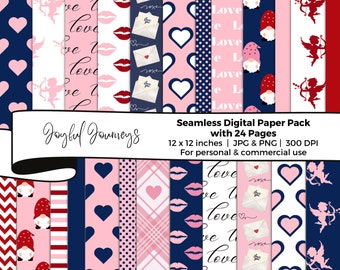 Valentine Digital Paper, Love Background, Seamless Pattern, Valentine's Day Scrapbook Papers, Heart Patterns, Cupid, Gnome, Commercial Use