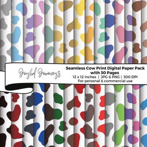 Papel digital com estampa de vaca colorida, padrão de vaca sem costura, manchas de vaca, fundo com estampa animal, papel para scrapbook, uso comercial