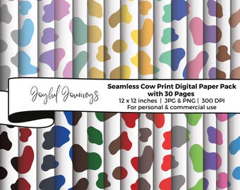 Colorful Cow Print Digital Paper: Seamless Pattern, Cow Spots, Animal, Scrapbook, Commercial Use