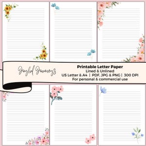 Puede incluir: Seis hojas de papel de carta imprimible con líneas horizontales e ilustraciones florales en acuarela en las esquinas. El texto dice Joyful Journeys, Printable Letter Paper, Lined & Unlined, US Letter & A4, PDF, JPG & PNG, 300 DPI.