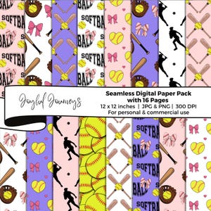 Papier numérique de softball, nœuds de coquette, motif répété sans couture de sports de printemps de softball, papier de scrapbooking, téléchargement immédiat, usage commercial