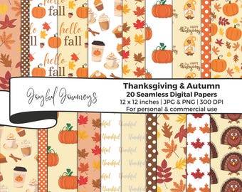 May include: A set of 20 digital papers featuring Thanksgiving and autumn themes. The papers include various designs with pumpkins, leaves, turkeys, coffee cups, and pie. The papers are 12 inches by 12 inches and are available in JPG and PNG formats at 300 DPI. They are for personal and commercial use.