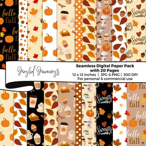 Carta digitale per il Ringraziamento, motivi autunnali senza soluzione di continuità, latte speziato alla zucca, scrapbooking autunnale, sfondi, download immediato, uso commerciale
