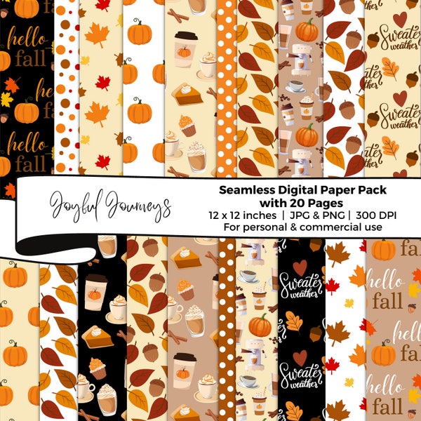 Thanksgiving Digital Paper, Autumn Seamless Patterns, Pumpkin Spice Latte, Fall Scrapbooking, Backgrounds, Instant Download, Commercial Use