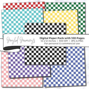 Könnte beinhalten: Ein digitales Papierpaket mit 100 Seiten karierter Muster in verschiedenen Farben, darunter Rot, Grün, Gelb, Blau, Lila und Schwarzweiß. Das Papier ist 30,5 x 30,5 cm groß und hat 300 DPI. Der Text "Joyful Journeys" befindet sich in der oberen linken Ecke des Bildes. Der Text "Digital Paper Pack with 100 Pages" befindet sich in der oberen rechten Ecke des Bildes. Der Text "12 x 12 inches | 300 DPI | JPG & PNG" befindet sich unter dem Text "Digital Paper Pack with 100 Pages". Der Text "For personal & commercial use" befindet sich unter dem Text "12 x 12 inches | 300 DPI | JPG & PNG".
