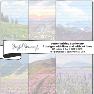 Papelería para escribir cartas JW, papel de escritura imprimible, papel de carta imprimible, papelería floral de montaña, A4, tamaño carta (EE. UU.), con rayas, sin rayas