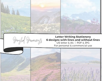 JW Letter Writing Stationery, Printable Writing Paper, Printable Letter Paper, Mountain Floral Stationary, A4, US Letter, Lined, Unlined