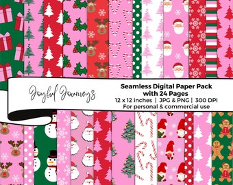 Pink Christmas Digital Paper, Christmas Seamless Patterns, Scrapbook Paper, Christmas Tree, Santa, Commercial Use