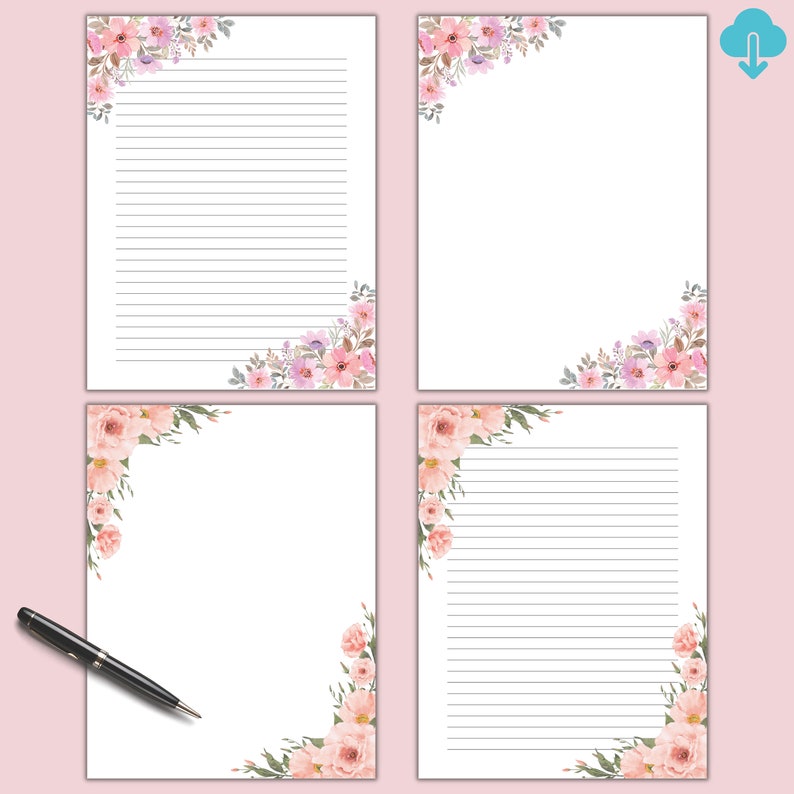 Floral Printable Letter Paper, Watercolor Flowers, Stationary, Writing ...