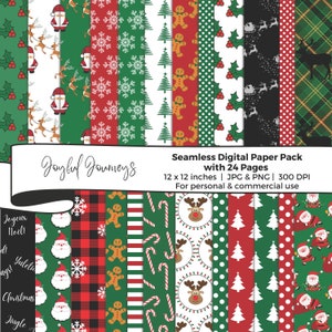 Christmas Digital Paper: Holiday, Xmas, Seamless Patterns, Candy Cane, Santa, Snowflakes, Red and Green