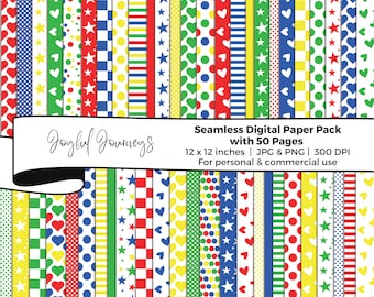 Primary Colors Digital Paper: Polka Dots, Stripes, Hearts, Stars, Seamless Patterns, (Instant Download)