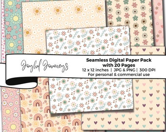 Boho Seamless Digital Paper, Sun Spring Summer Boho Floral Pattern, Spring Flowers Scrapbook Paper, Instant Download, Commercial Use