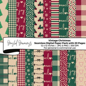 Christmas Digital Paper: Vintage, Seamless Patterns, Holiday, Plaid, Snowflake, Scrapbook (Instant Download, Commercial Use)