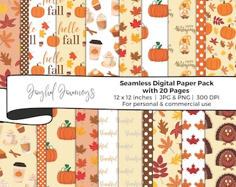 Thanksgiving Digital Paper, Fall Seamless Patterns, Autumn Backgrounds, Pumpkin Spice, Fall Scrapbooking, Instant Download, Commercial Use