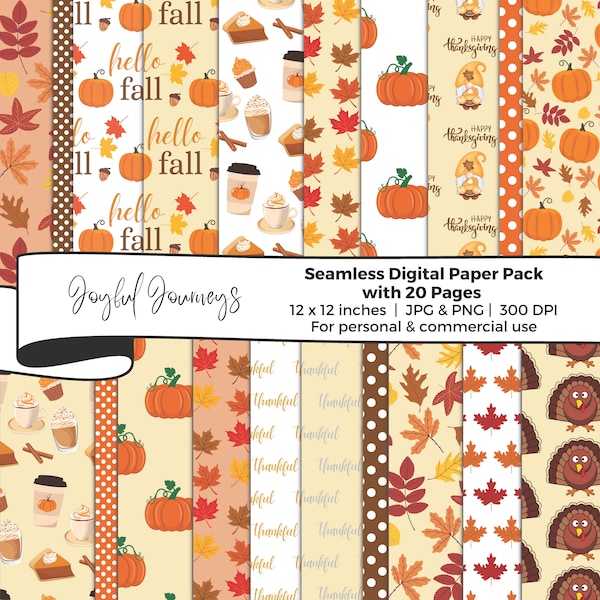 Thanksgiving Digital Paper, Fall Seamless Patterns, Autumn Backgrounds, Pumpkin Spice, Fall Scrapbooking, Instant Download, Commercial Use