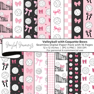 May include: A digital paper pack featuring volleyballs and pink bows on various backgrounds, including black, white, and pink. The pack includes 16 pages, each 12 x 12 inches, for personal and commercial use. The text "Volleyball with Coquette Bows" is visible.