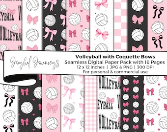 Volleyball Digital Paper: Coquette Bows Seamless Patterns, Sports, Scrapbook Paper, (Instant Download, Commercial Use)