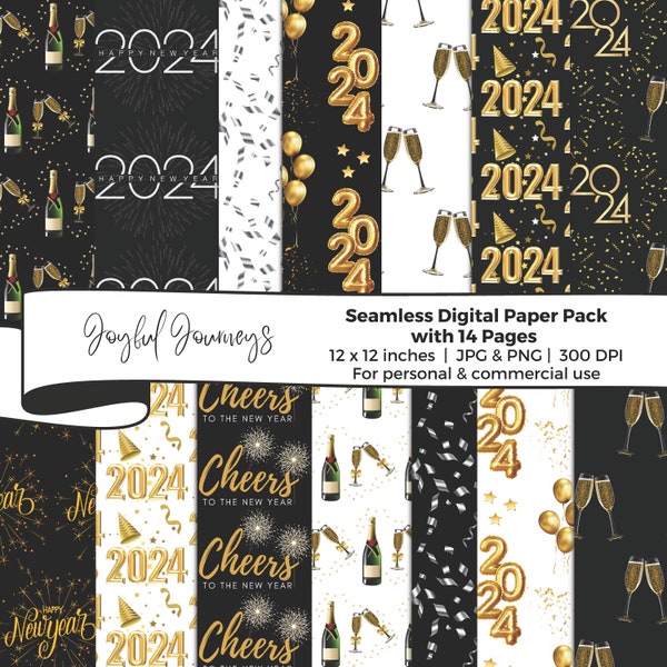 New Year Digital Paper, 2024 Scrapbook Papers, Confetti background, Celebration, Seamless Patterns, Commercial Use