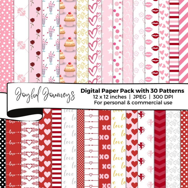 Valentine's Day Digital Paper, Digital Scrapbook Paper, Heart Patterns, Digital paper pack, Love, Valentines scrapbooking, INSTANT DOWNLOAD
