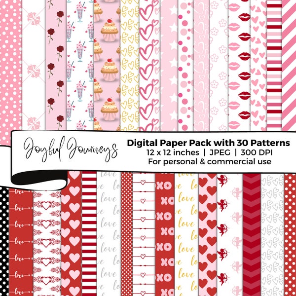 Papel digital del día de San Valentín, papel de álbum de recortes digital, patrones de corazón, paquete de papel digital, amor, scrapbooking de San Valentín, DESCARGA INSTANTE