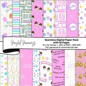 Geburtstags-Digitalpapier, rosa druckbare Geburtstagspapiere, Mädchen-Geburtstagsfeier, nahtlose Muster, Kerzen, sofortiger Download, kommerzielle Nutzung