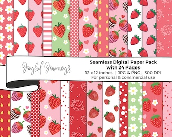 Strawberry Digital Papers, Scrapbook Paper, Seamless Strawberries pattern, Printable Strawberry background, Commercial Use, Instant Download