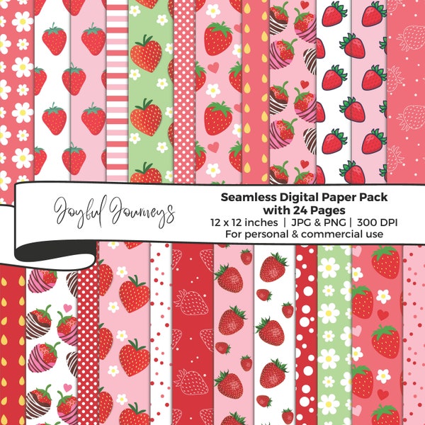 Strawberry Digital Papers, Scrapbook Paper, Seamless Strawberries pattern, Printable Strawberry background, Commercial Use, Instant Download