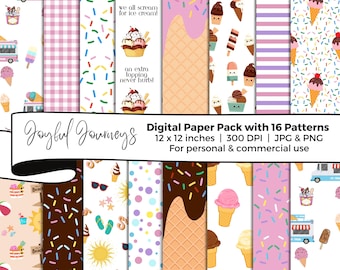 Ice Cream Digital Paper: Summer, Waffle Cone, Sprinkles, Beach, Scrapbook (Instant Download, Commercial Use)