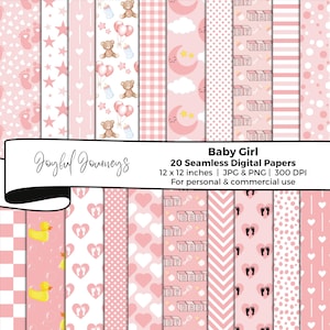 Digitaal papier voor babymeisjes, babyshower, babypapier, roze achtergronden, pastel, naadloze patronen, plakboek, commercieel gebruik
