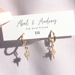 North Star Huggie Earrings - 24K Gold Plated/Stainless Steel, Cute Flirty Hoops, Dainty Dangle Drop Earrings, Astrology Jewelry, CZ Pave