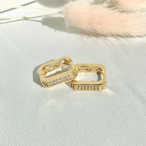 Zircon Rectangle Huggie Earrings - 24K Gold Plated, Classy Earrings, Elegant Wedding Accessories, CZ Pave, Gifts For Her
