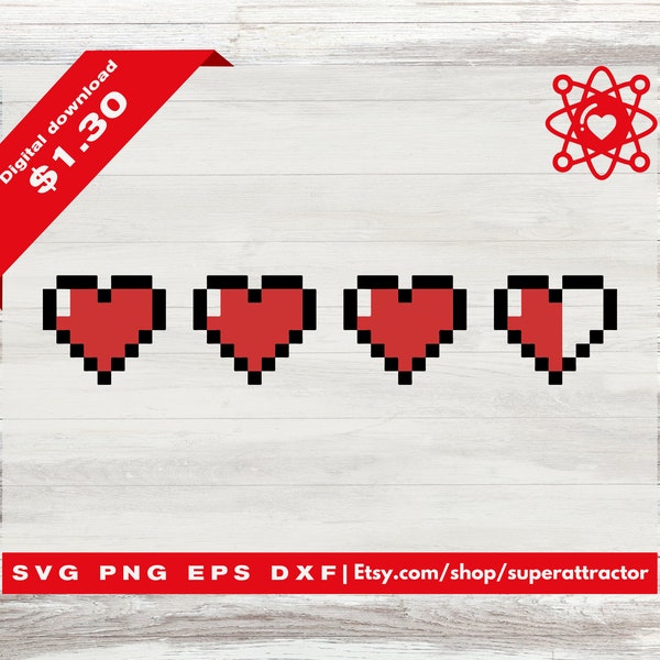 Pixel Hearts Legend of Zelda Heart Icons Digital Files svg, jpg, png, eps, pdf, dxf Cut files for Cricut - Silhouette