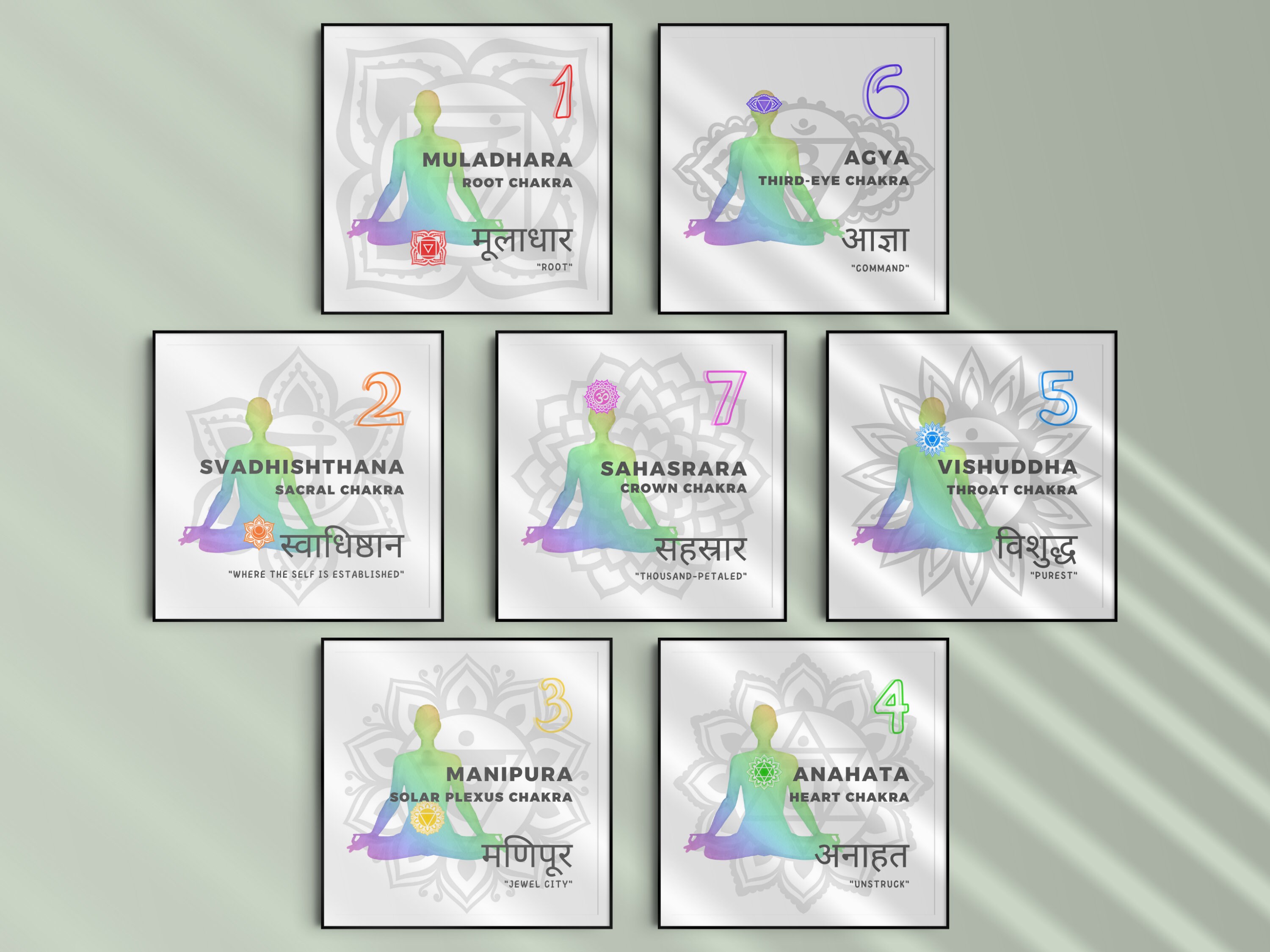 Chakras Set of 7 Bundle Meditation Square Printable Art Wall Decor Home ...