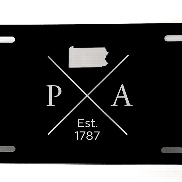 Pennsylvania Est | Black Aluminum 12”x 6” License Plate | Laser Engraved | Stainless Steel | Laser Etched