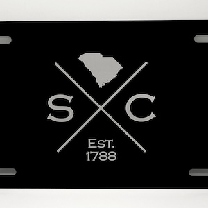 South Carolina Est | Black Aluminum 12”x 6” License Plate | Laser Engraved | Stainless Steel | Laser Etched