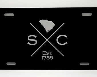 South Carolina Est | Black Aluminum 12”x 6” License Plate | Laser Engraved | Stainless Steel | Laser Etched